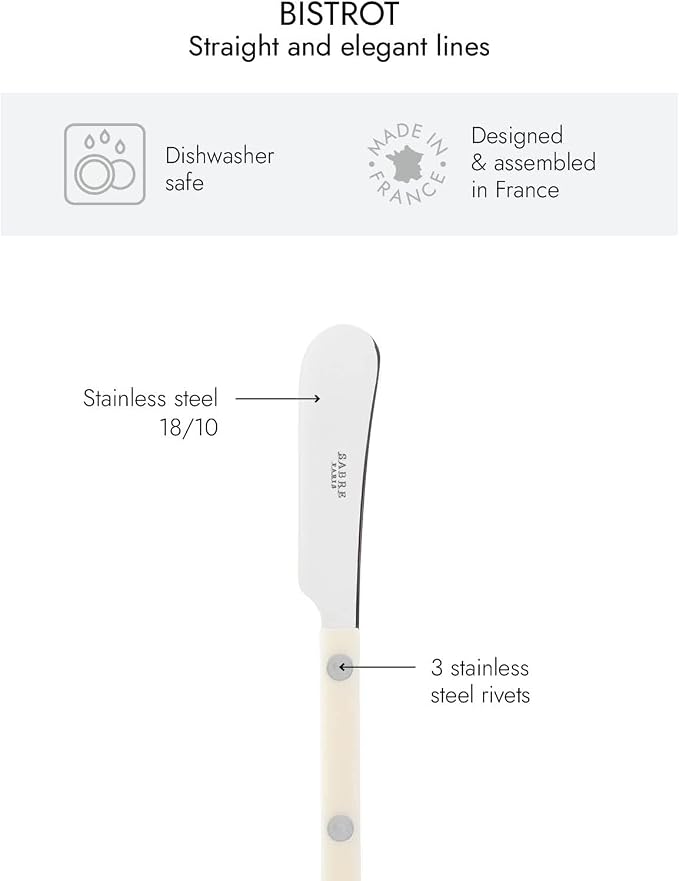 Sabre Paris - Set of 2 Spreader Knives 5.5 inches - Bistrot Collection - Perfect for Butter, Tapenades, Spreads - Stainless Steel & Nylon - Dishwasher Safe - Ivory - Brilliant Finish