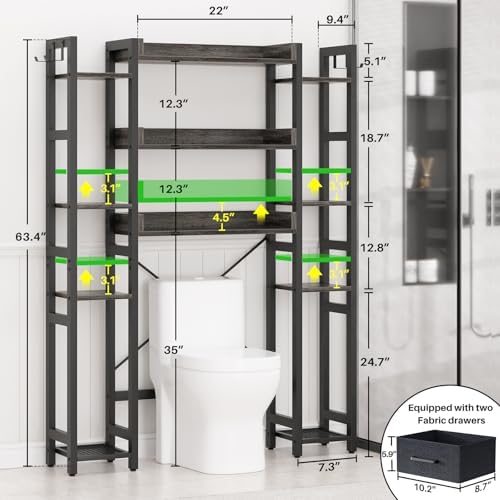 Besiost Over The Toilet Storage, 11 Tier Bathroom Organizer with Dual Side Racks and 2 Fabric Drawers, Adjustable Freestanding Rack Space Saver for Small Spaces, Grey Oak