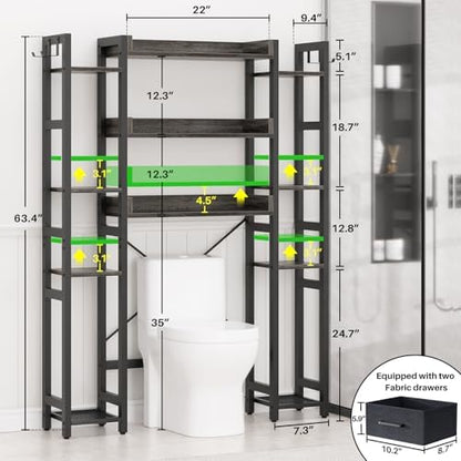 Besiost Over The Toilet Storage, 11 Tier Bathroom Organizer with Dual Side Racks and 2 Fabric Drawers, Adjustable Freestanding Rack Space Saver for Small Spaces, Grey Oak