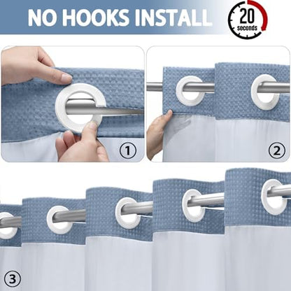 No Hook Shower Curtain with Liner Set Hotel Waffle Sky Blue 72W X 75L