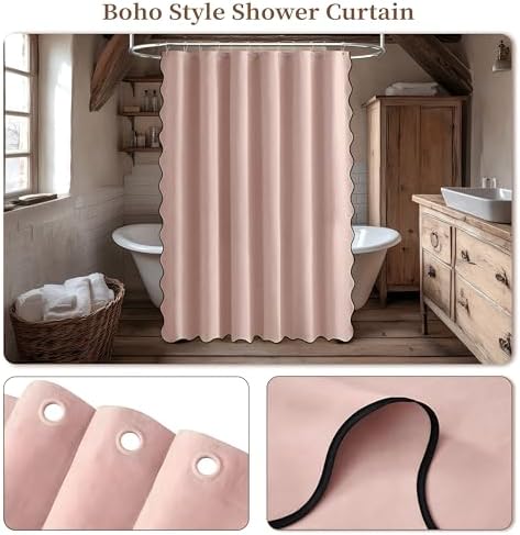 BTTN Blush Pink Boho Scalloped Linen Textured Cloth Shower Curtain, 72x72