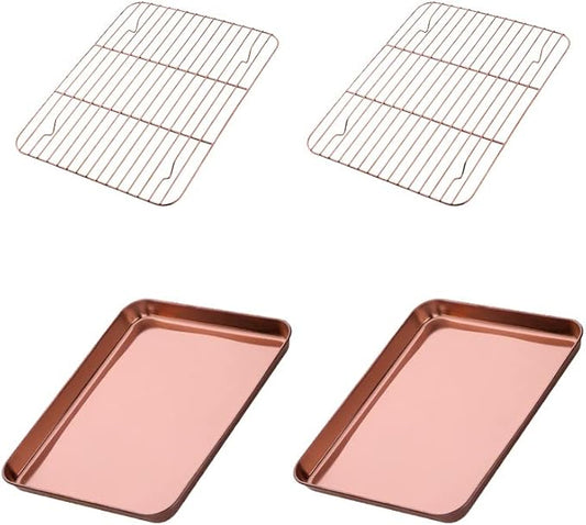 Meisha Baking Sheet with Wire Rack Set [2 Pans + 2 Tier Racks], Stainless Steel Rose Gold Cookie Sheet Baking Trays & Cooling Rack for Cooking