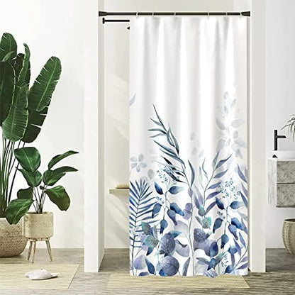 AWERT Shower Curtain Plants for Bathroom,Waterproof Quick-Drying Blue Leaves Shower Curtain Set with Hooks 48x72 Inch