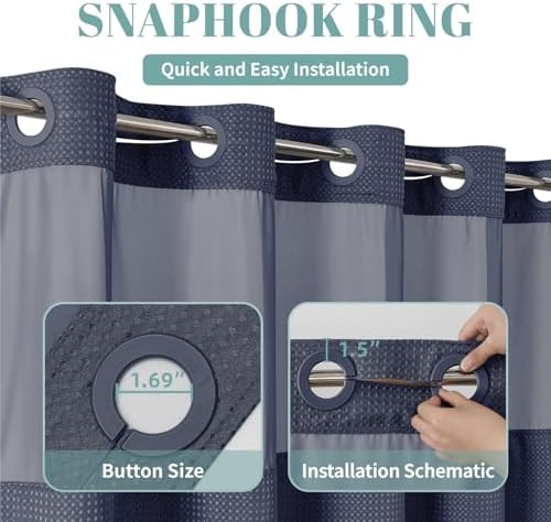 eachope No Hook Waffle Shower Curtain with Snap-in Liner, 71x74 Inch, Navy