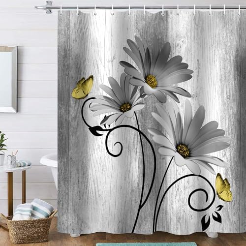 Onalasyc 4PCS Grey Daisy Floral Bathroom Sets with Shower Curtain and Rugs