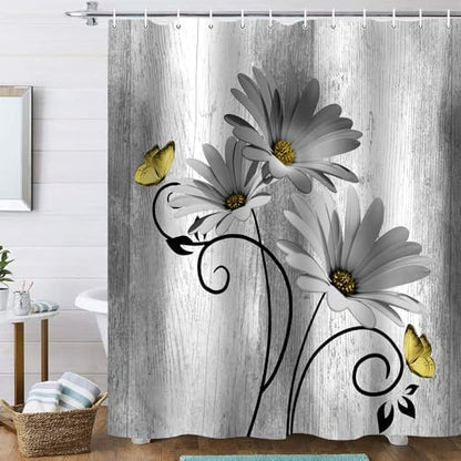 Onalasyc 4PCS Grey Daisy Floral Bathroom Sets with Shower Curtain and Rugs