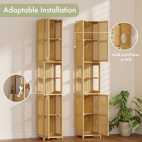 Amazer 70'' Tall Bathroom Storage Cabinet Bamboo, Narrow Storage Cabinet with Rattan Doors and Adjustable Shelves, Slim Freestanding Organizer for Living Room, Kitchen, Natural Color