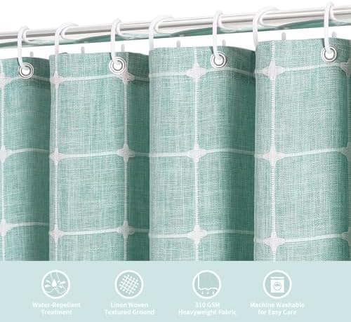 Boho Farmhouse Classic Plaid Linen Tassel Shower Curtain Teal Blue,72x84