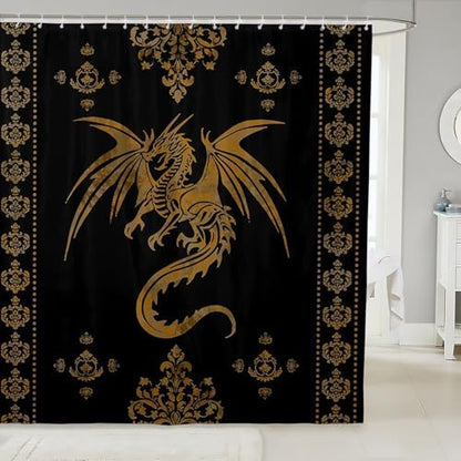 Feelyou Dragon Shower Curtain Kids Boys Teens Gothic Damask Paisley Floral Bathroom Waterproof Accessories with 12 Hooks 72x84 Inches Women Bohemian Exotic Animal Theme Room Decor,Gold Black