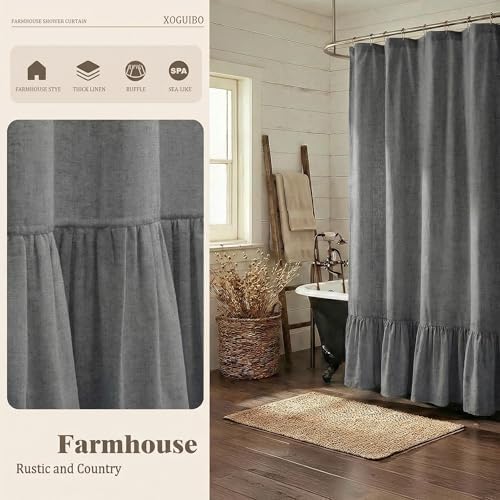 Farmhouse Shower Curtain Ruffle Linen Flax Dark Gray 72" W x 72" L
