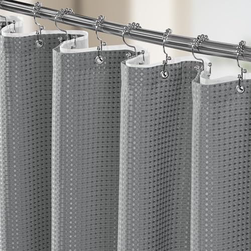 Vipfree 3 in 1 Shower Curtain Set, Waffle Shower Curtain and Liner Set with 12 Double Sided Shower Curtain Hooks, 258GSM Luxury Weighted Cloth Shower Curtains for Bathroom, 72 W x 84 H, Grey