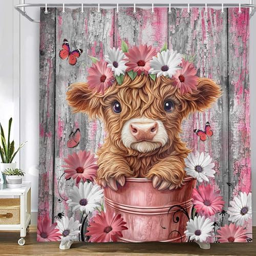 Funny Highland Cow Daisy Flower Shower Curtain, Rustic Wooden Barn Door Farm Animal Shower Curtain Set Farmhouse Western Bath Curtain Modern Cattle Bull Bathroom Accessories Home Decor 70X70in