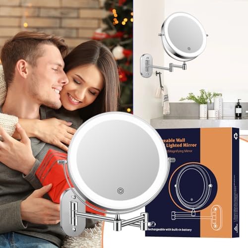 FUNTOUCH 2500mAh Rechargeable Wall Mounted Lighted Makeup Mirror 1X/20X