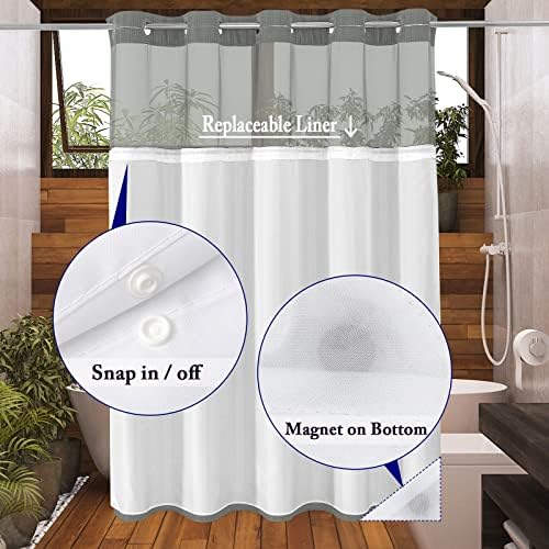 Gibelle No Hook Waffle Weave Shower Curtain with Snap-in Fabric Liner Set for Bathroom, Hotel Style with Mesh Top Window, Waterproof & Washable, Grey, 72x74
