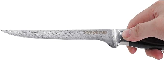 Ketuo Professional Chef Knife Damascus Carbon Steel with Laser Pattern Blade and Black Pakka Wood (7 Inch Boning Knife)