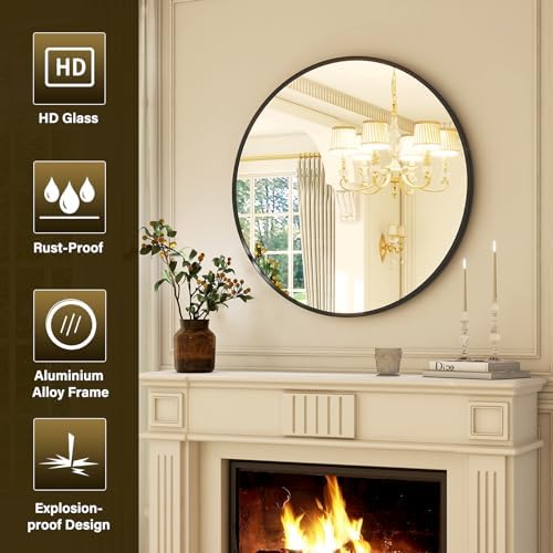 XRAMFY 36 Inch Round Mirror-Black Circle Mirrors for Bathroom, Entryway