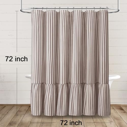 Farmhouse Shower Curtain Ruffle Linen White-Brown Stripe 72"W x 72"L