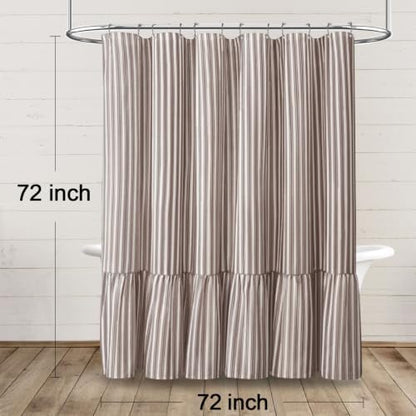 Farmhouse Shower Curtain Ruffle Linen White-Brown Stripe 72"W x 72"L