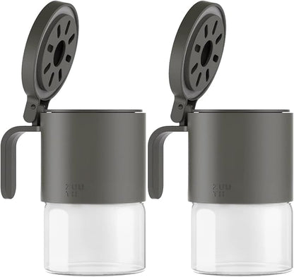 Zuutii Glass Spice Jars Moisture-Proof Spice Containers with Spoons, Set of 2 10oz/300ml Spice Bottles, Mini Seasoning Storage Jars with Flapper Caps for Salt, Sugar, Peppers, Chili in Kitchen Grey