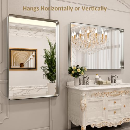 LOAAO 50X30 Inch Brushed Nickel Bathroom Mirror, Rounded Rectangle Silver Metal Frame Mirror, Brushed Nickel, Anti-Rust, Shatter Proof, Hangs Horizontally or Vertically