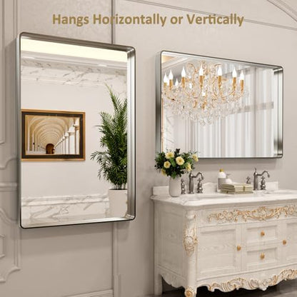 LOAAO 50X30 Inch Brushed Nickel Bathroom Mirror, Rounded Rectangle Silver Metal Frame Mirror, Brushed Nickel, Anti-Rust, Shatter Proof, Hangs Horizontally or Vertically