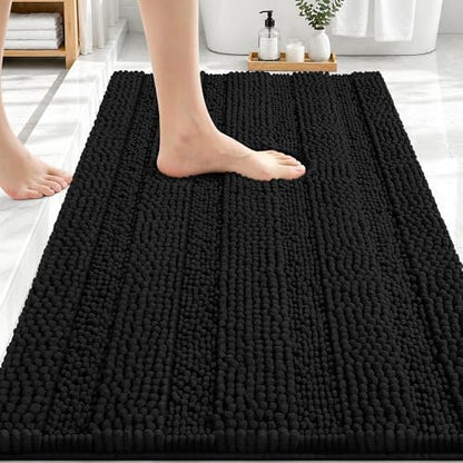 OLANLY Thick Bathroom Rugs 30x20, Soft Chenille Striped Bath Rugs, Black