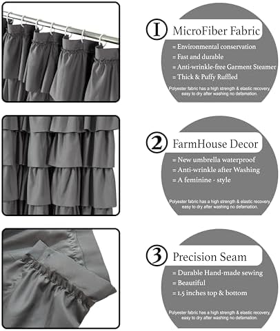 Gray Ruffle Shower Curtains For Bathroom, 36x72 Inch, Farmhouse Chic Look