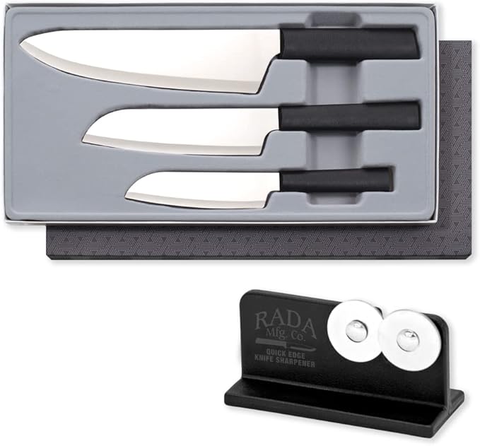 Rada Cutlery Chef Select Gift Set (G257), 3-Piece Knife Set with Quick Edge Sharpener (R119), Stainless Steel Blades, Black Handle