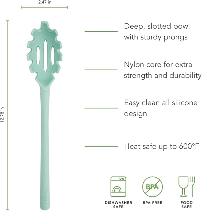 Tovolo Pasta Claw Spaghetti Spoon Scoop Aqua Seafoam Green Silicone Pasta Spoon with Teeth, BPA Free Silicone Pasta Fork for Serving Spaghetti Linguine and Noodles, Heat Safe Pasta Serving Spoon