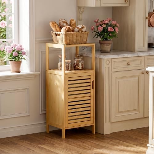 HITNET Bathroom Cabinet Freestanding, Small Bamboo Floor Cabinet, 4 Tier Single Door Sofa Side Table Storage Organizer, Space Saving Kitchen Cupboard, Natural