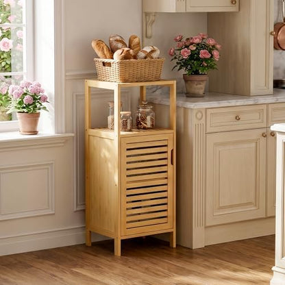 HITNET Bathroom Cabinet Freestanding, Small Bamboo Floor Cabinet, 4 Tier Single Door Sofa Side Table Storage Organizer, Space Saving Kitchen Cupboard, Natural
