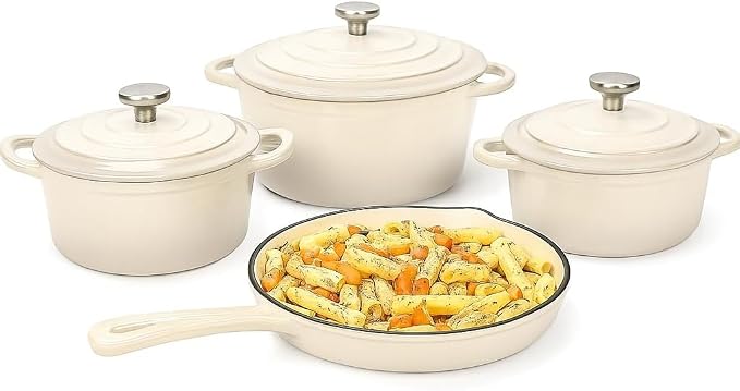 Hisencn Enameled Cast Iron Cookware Set - 7 Piece Dutch Ovens Set, Sauce Pan, Skillet, 3 Lids, Pots and Pans Set, Ceramic Coated Cast Iron, Heavy Duty, Gas/Induction Compatible, PFA Free