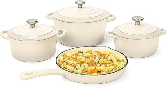 Hisencn Enameled Cast Iron Cookware Set - 7 Piece Dutch Ovens Set, Sauce Pan, Skillet, 3 Lids, Pots and Pans Set, Ceramic Coated Cast Iron, Heavy Duty, Gas/Induction Compatible, PFA Free