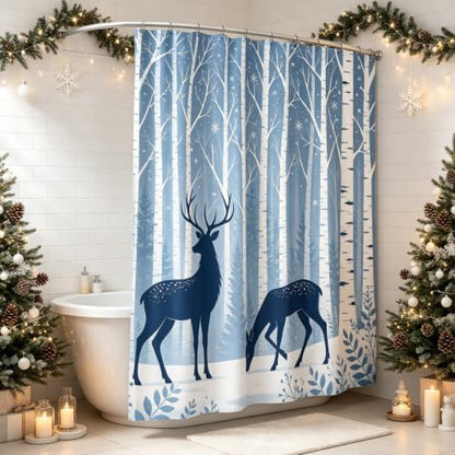 Deer Birch Tree Shower Curtain Winter Woodland Forest Bath Curtain 72x78in