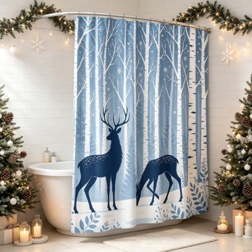 Deer Birch Tree Shower Curtain Winter Woodland Forest Bath Curtain 72x72in