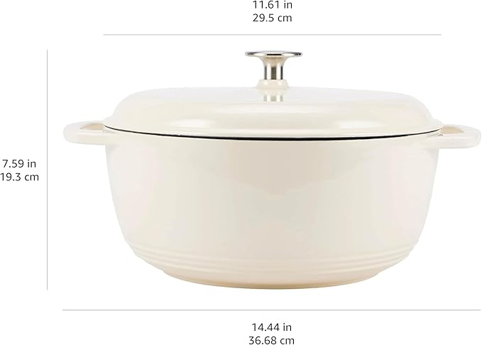 Amazon Basics Enameled Cast Iron Dutch Oven Pot with Lid, Round, Dual Handles, Heavy-Duty, Oven Safe for Stews, Roasting, Baking, 7.3-Quart, White