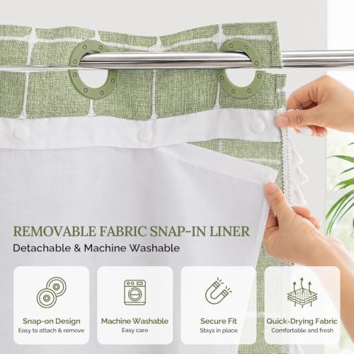 RiverDream Farmhouse No Hooks Shower Curtain with Snap-in Liner,Green,71x74
