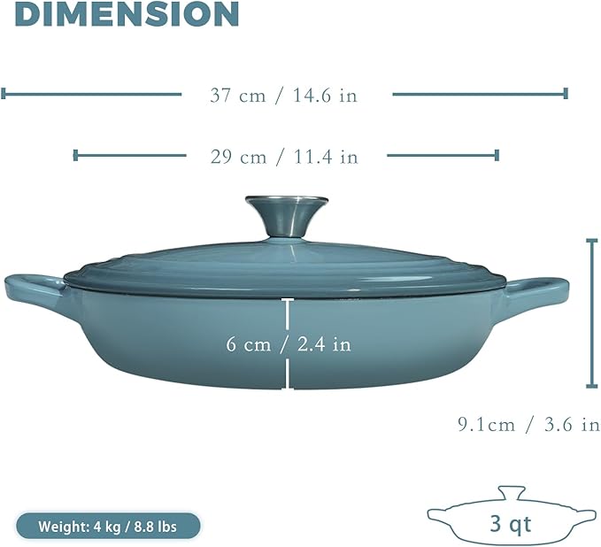Flavehc Braiser Enameled Cast Iron Braiser 3 QT, Cast Iron Braiser Pan with Lid for Bread Baking, Soup & One Pot Meals, Small Shallow Dutch Oven Casserole for Oven & Induction, Slateblue