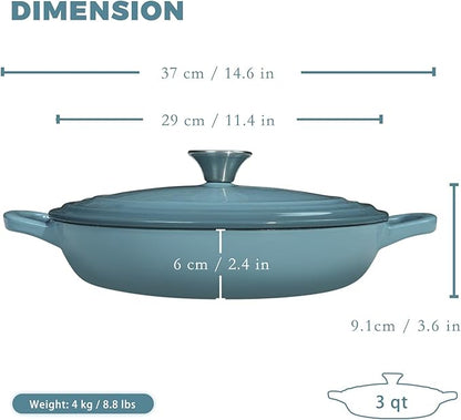 Flavehc Braiser Enameled Cast Iron Braiser 3 QT, Cast Iron Braiser Pan with Lid for Bread Baking, Soup & One Pot Meals, Small Shallow Dutch Oven Casserole for Oven & Induction, Slateblue
