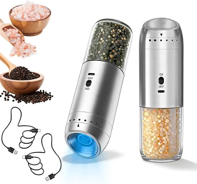 Gravity Salt and Pepper Grinder Set, Automatic Electric Mill Set, Gravity-Sensing, Rechargeable Pepper Grinder Battery Operated, Stainless Steel, Adjustable Coarseness, Kitchen Gadgets Accessories