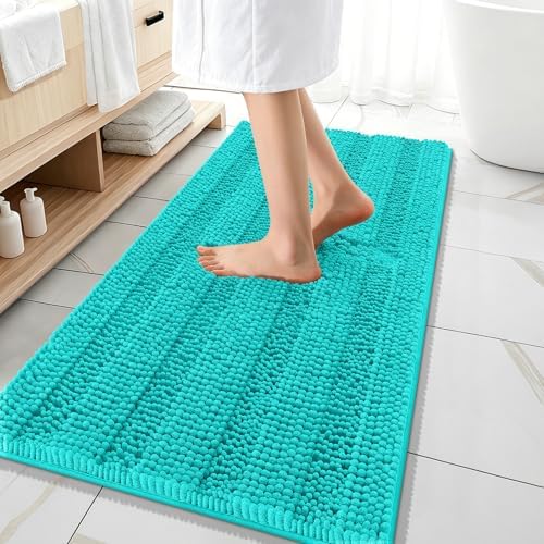 OLANLY Thick Bathroom Runner Rugs 47x20, Soft Chenille Long Bath Rugs, Teal