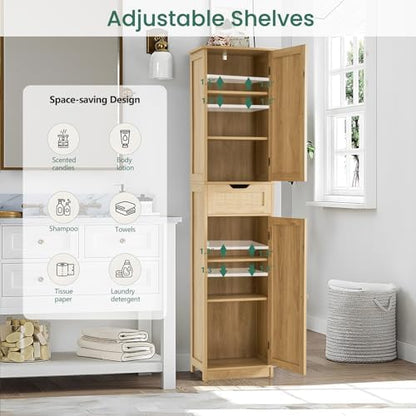 Iwell Tall Narrow Storage Cabinet with Doors, Rattan Cabinet with Adjustable Shelves, Freestanding Linen Storage for Living Room, Entryway, Kitchen, Bathroom, Natural