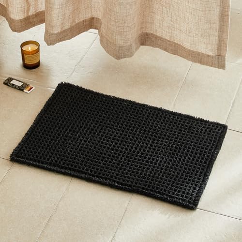 TYUU Black Waffle Bath Mat, Small Boho Bathroom Rugs Non Slip 24x16
