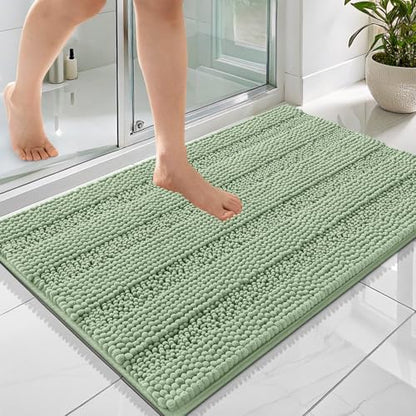 OLANLY Thick Bathroom Rugs 36x24, Chenille Striped Bath Rugs, Sage Green