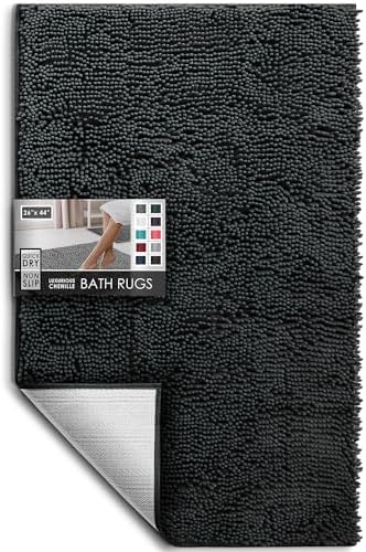 Hearth & Harbor Bathroom Rugs, Chenille Bath Mat - Machine Washable Bath Mats for Bathroom Non-Slip Backing Rubber, Quick Dry Bathroom Mat - Black Bath Rug, 26x44