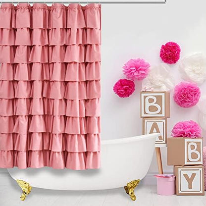 Pink Ruffle Shower Curtain for Bathroom, 72x72 inch, Ruffled Layered Fabric