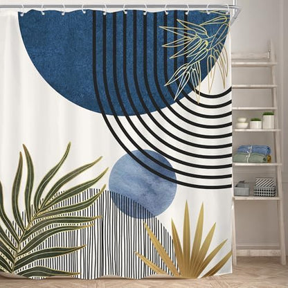 Mid Century Blue Green Boho Abstract Modern Bathroom Shower Curtain Set
