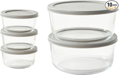 10-Piece Glass Food Storage Containers Set (5 Containers + 5 BPA-Free Lids) | 2-Cup & 6.5-Cup, Leakproof | Microwave, Freezer, Oven & Dishwasher Safe | Ideal for Meal Prep & Pantry Organization, Grey