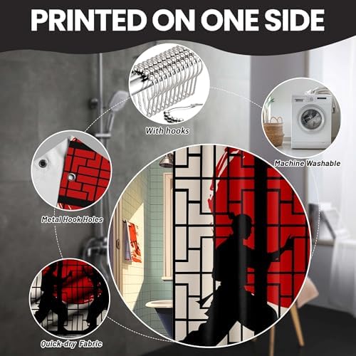 Japanese Shower Curtain Japan Anime Asian Black and Red Shower Curtains for Manly Bathroom Decor Sets, Waterproof Cloth Fabric with Hooks, 36 x 72 Inch