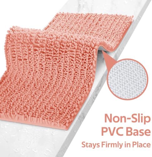ACCUMTEK Upgrade Luxury 2 Piece Coral Toilet Bathroom Rug Mat 48"x20"+24"x17", Ultra Soft Thick Absorbent Bath Mats, Non Slip Chenille Toilet Mat for Bathroom, Bedroom, Kitchen, Shower, Tub